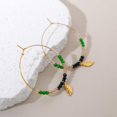 Boho green bead big hoop stainless steel earrings