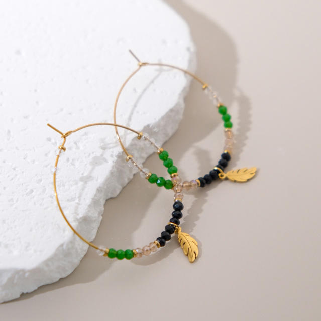 Boho green bead big hoop stainless steel earrings