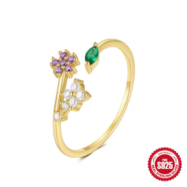 925 sterling silver cubic zircon flower adjustable finger rings
