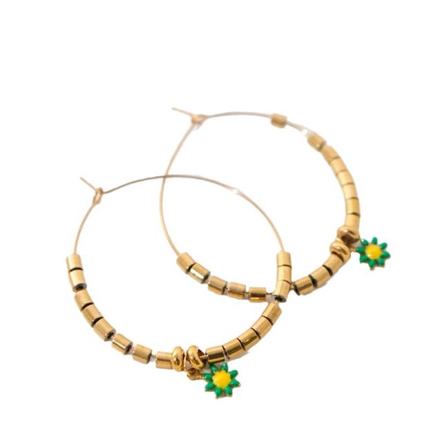 Boho daisy flower bead big hoop stainless steel earrings