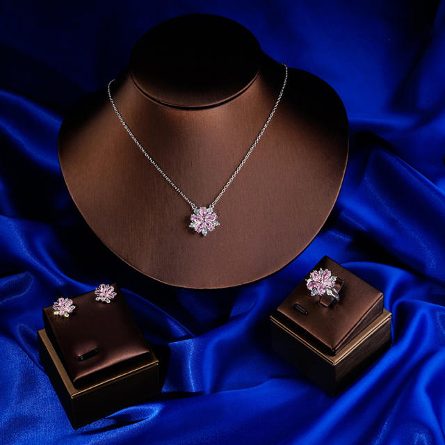 Delicate sweet pink snowflake diamond necklace set