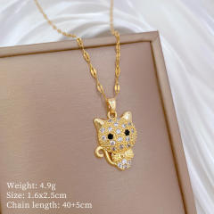 Sweet diamond bow cat pendant stainless steel chain necklace