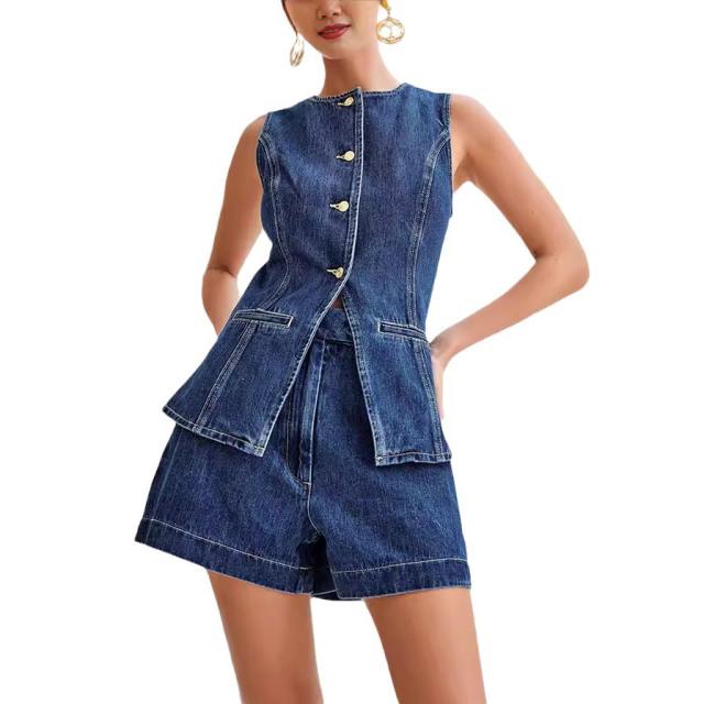 Summer design denim sleevess tops shorts set