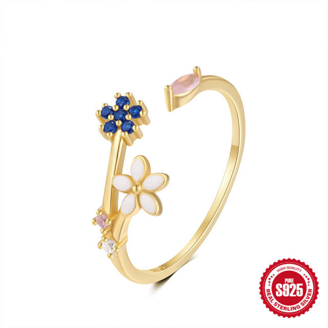 925 sterling silver cubic zircon flower adjustable finger rings