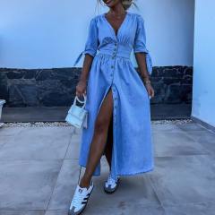 Holiday design blue color denim button maxi dress shirt dress