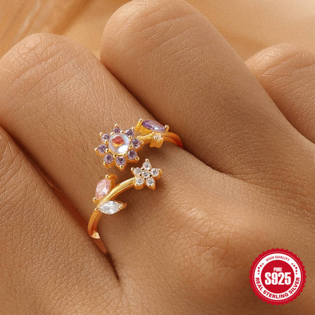 925 sterling silver cubic zircon flower adjustable finger rings