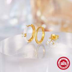 925 sterling silver white enamel huggie earring set