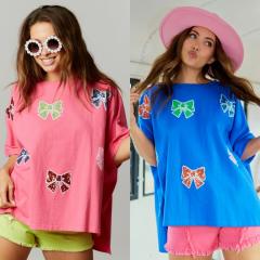 Sweet gliter bow pattern loose t shirt