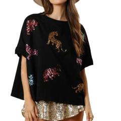 Summer pesonality gliter tiger pattern loose t shirt