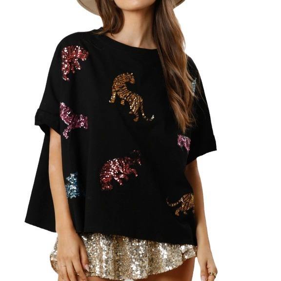 Summer pesonality gliter tiger pattern loose t shirt