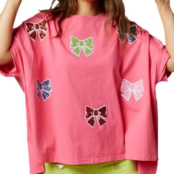 Sweet gliter bow pattern loose t shirt