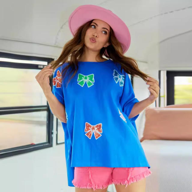 Sweet gliter bow pattern loose t shirt
