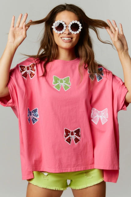 Sweet gliter bow pattern loose t shirt