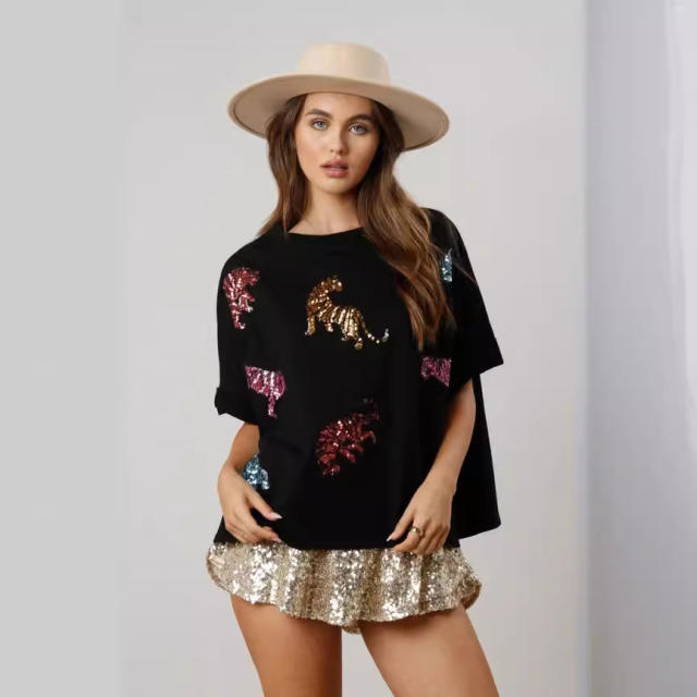 Summer pesonality gliter tiger pattern loose t shirt