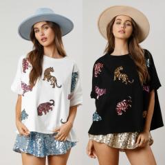 Summer pesonality gliter tiger pattern loose t shirt
