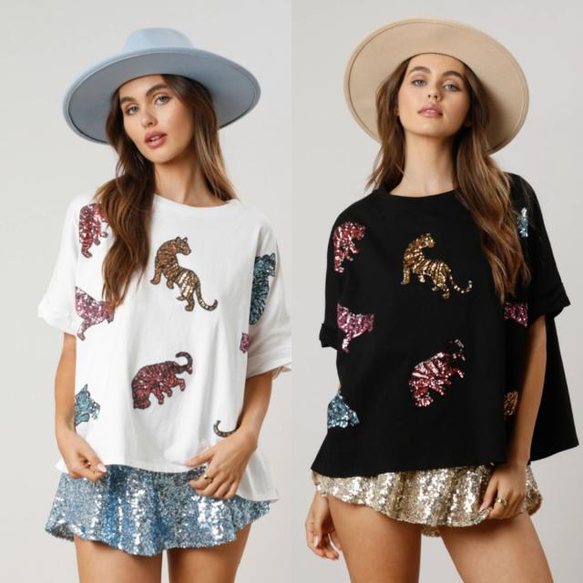 Summer pesonality gliter tiger pattern loose t shirt
