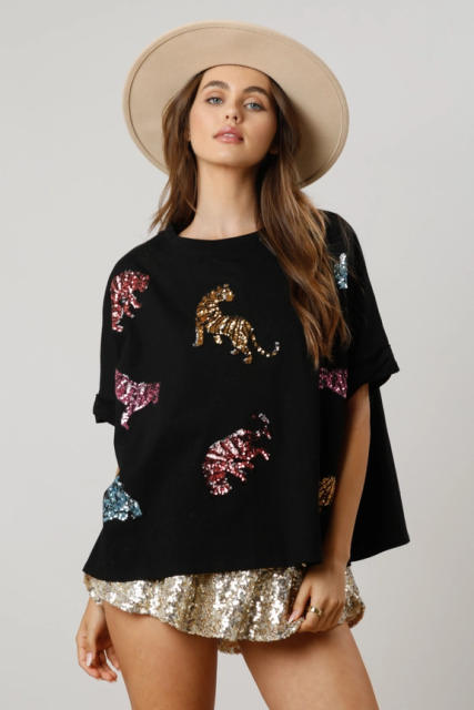 Summer pesonality gliter tiger pattern loose t shirt