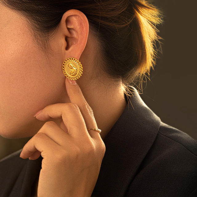 Vintage chunky geometric round shape stainless steel earrings