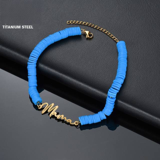 Boho colorful clay beads custom name stainless steel bracelet