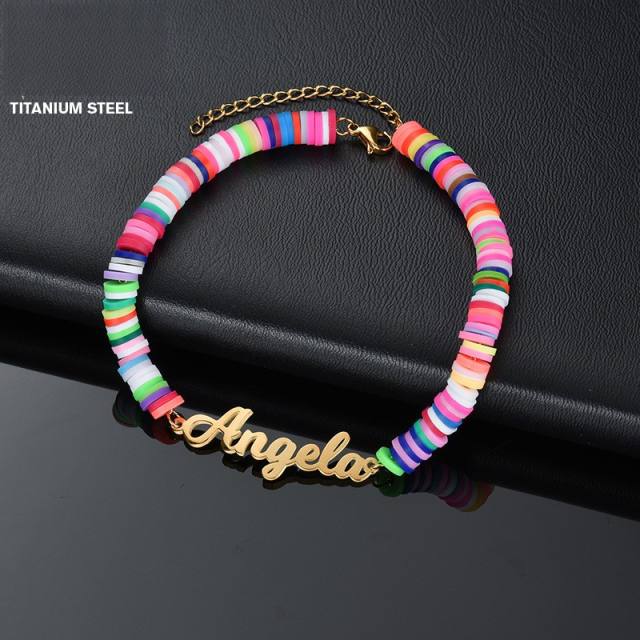 Boho colorful clay beads custom name stainless steel bracelet