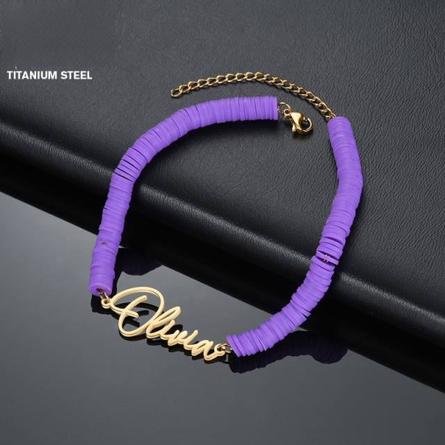 Boho colorful clay beads custom name stainless steel bracelet