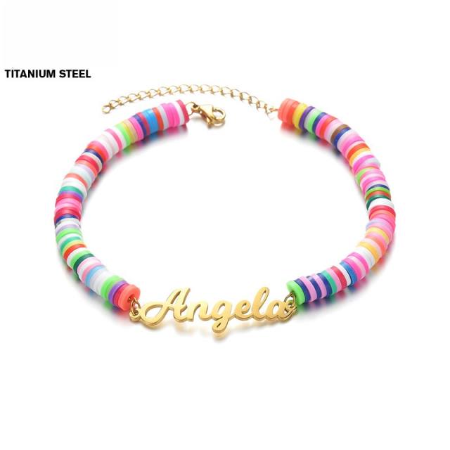 Boho colorful clay beads custom name stainless steel bracelet