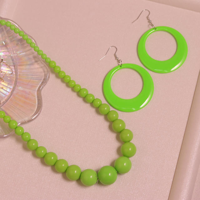 Summer candy color acrylic bead necklace circle earrings set