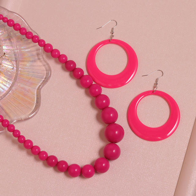 Summer candy color acrylic bead necklace circle earrings set