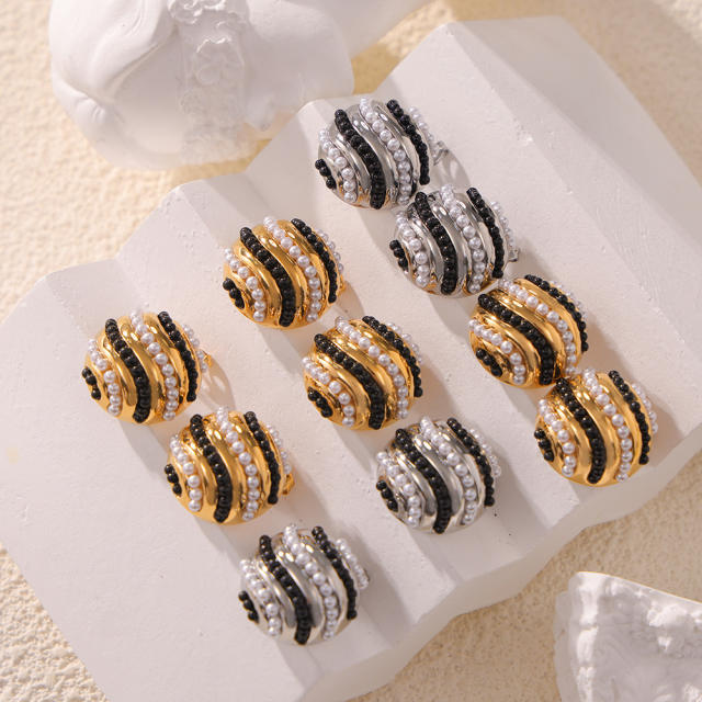 Vintage round shape pearl bead enamel stainless steel earrings