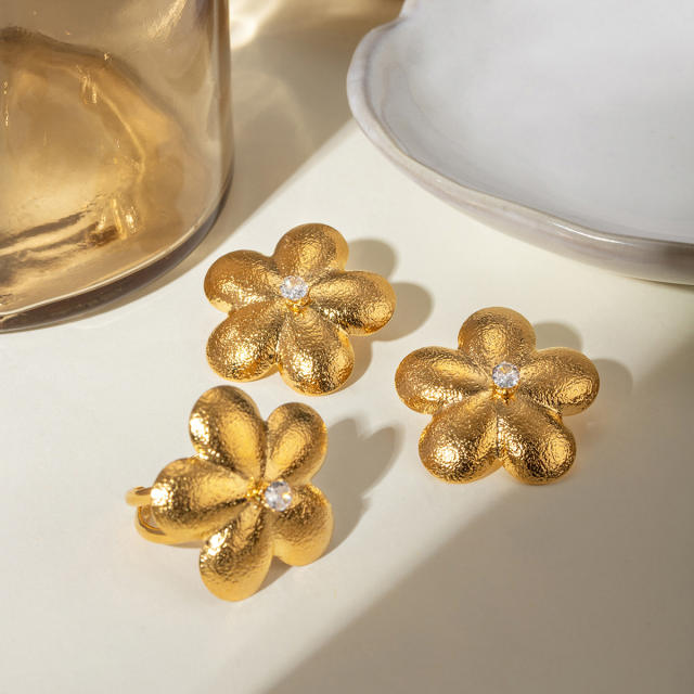 18KG chunky frosted flower stainless steel earrings rings set