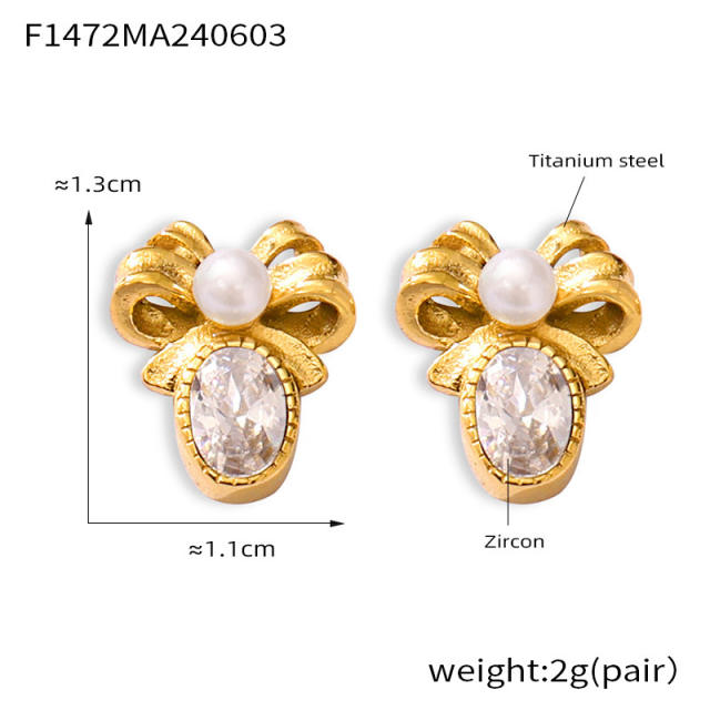 French trend vintage cubic zircon setting bow stainless steel earrings
