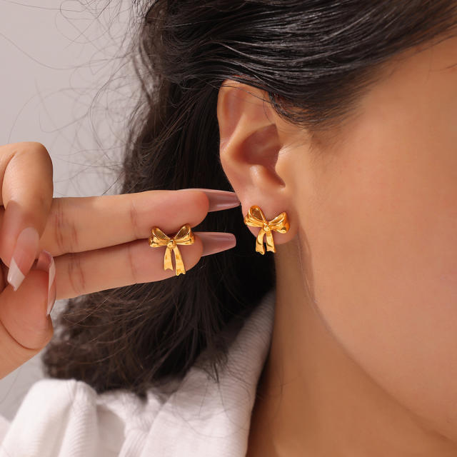 Korean fashion sweet bow stainless steel studs earrings
