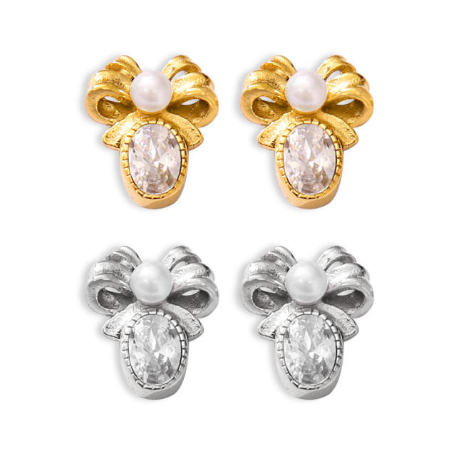 French trend vintage cubic zircon setting bow stainless steel earrings