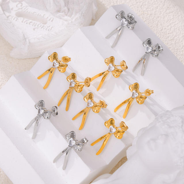 18KG elegant bow stainless steel earrings