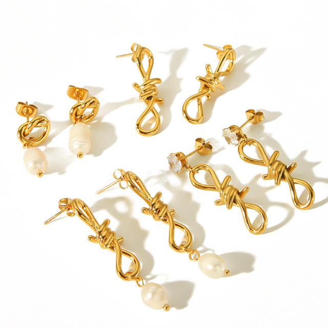 18KG elegant knotted pearl drop stainless steel earrings collection