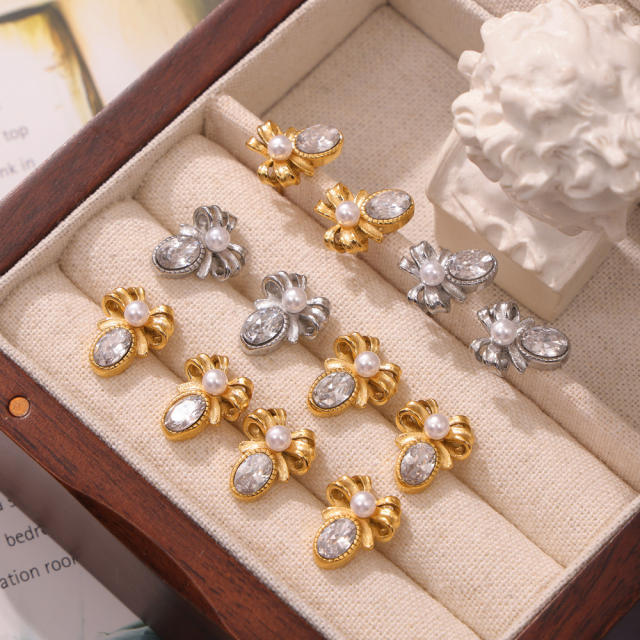 French trend vintage cubic zircon setting bow stainless steel earrings