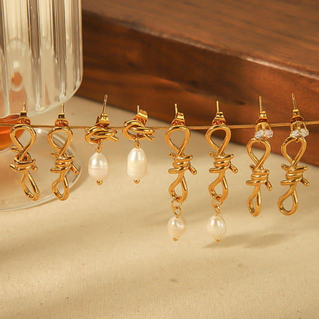18KG elegant knotted pearl drop stainless steel earrings collection