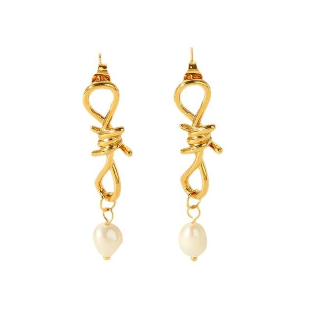18KG elegant knotted pearl drop stainless steel earrings collection