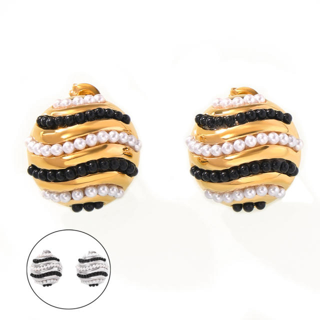 Vintage round shape pearl bead enamel stainless steel earrings