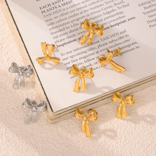 Korean fashion sweet bow stainless steel studs earrings