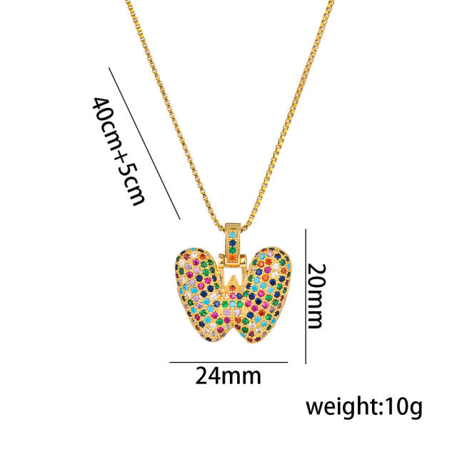 Hiphop rainbow cubic zircon setting bubble letter initial letter pendant necklace