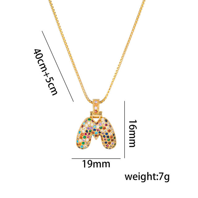 Hiphop rainbow cubic zircon setting bubble letter initial letter pendant necklace