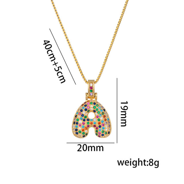 Hiphop rainbow cubic zircon setting bubble letter initial letter pendant necklace