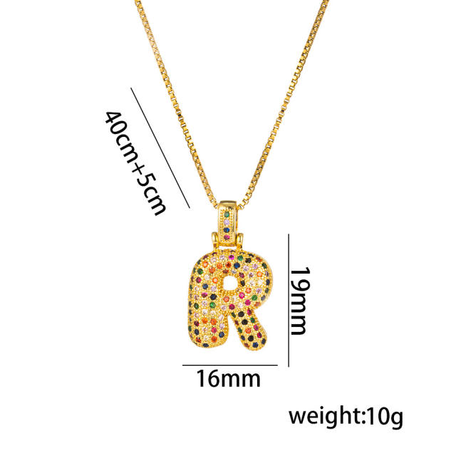 Hiphop rainbow cubic zircon setting bubble letter initial letter pendant necklace