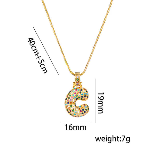 Hiphop rainbow cubic zircon setting bubble letter initial letter pendant necklace