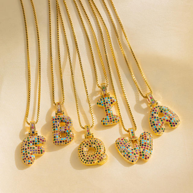 Hiphop rainbow cubic zircon setting bubble letter initial letter pendant necklace