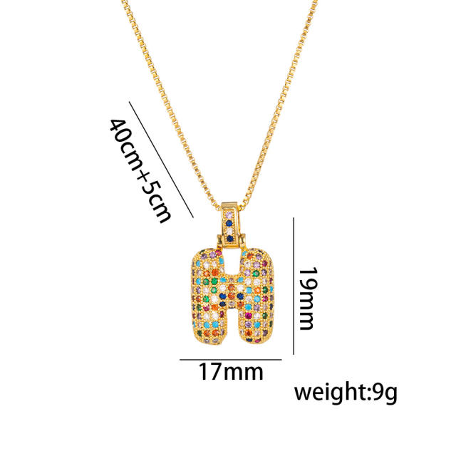 Hiphop rainbow cubic zircon setting bubble letter initial letter pendant necklace