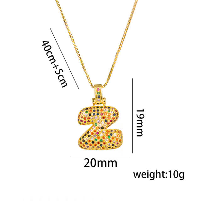 Hiphop rainbow cubic zircon setting bubble letter initial letter pendant necklace