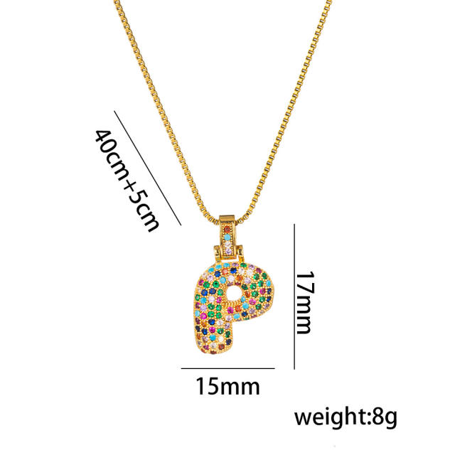 Hiphop rainbow cubic zircon setting bubble letter initial letter pendant necklace