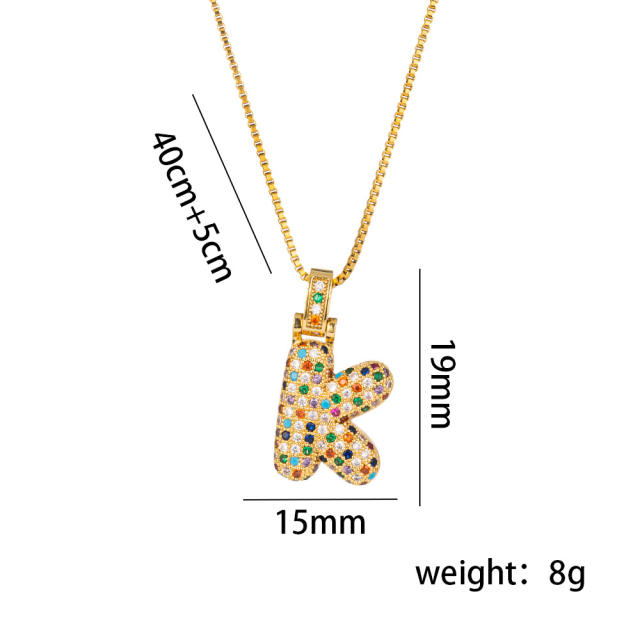 Hiphop rainbow cubic zircon setting bubble letter initial letter pendant necklace